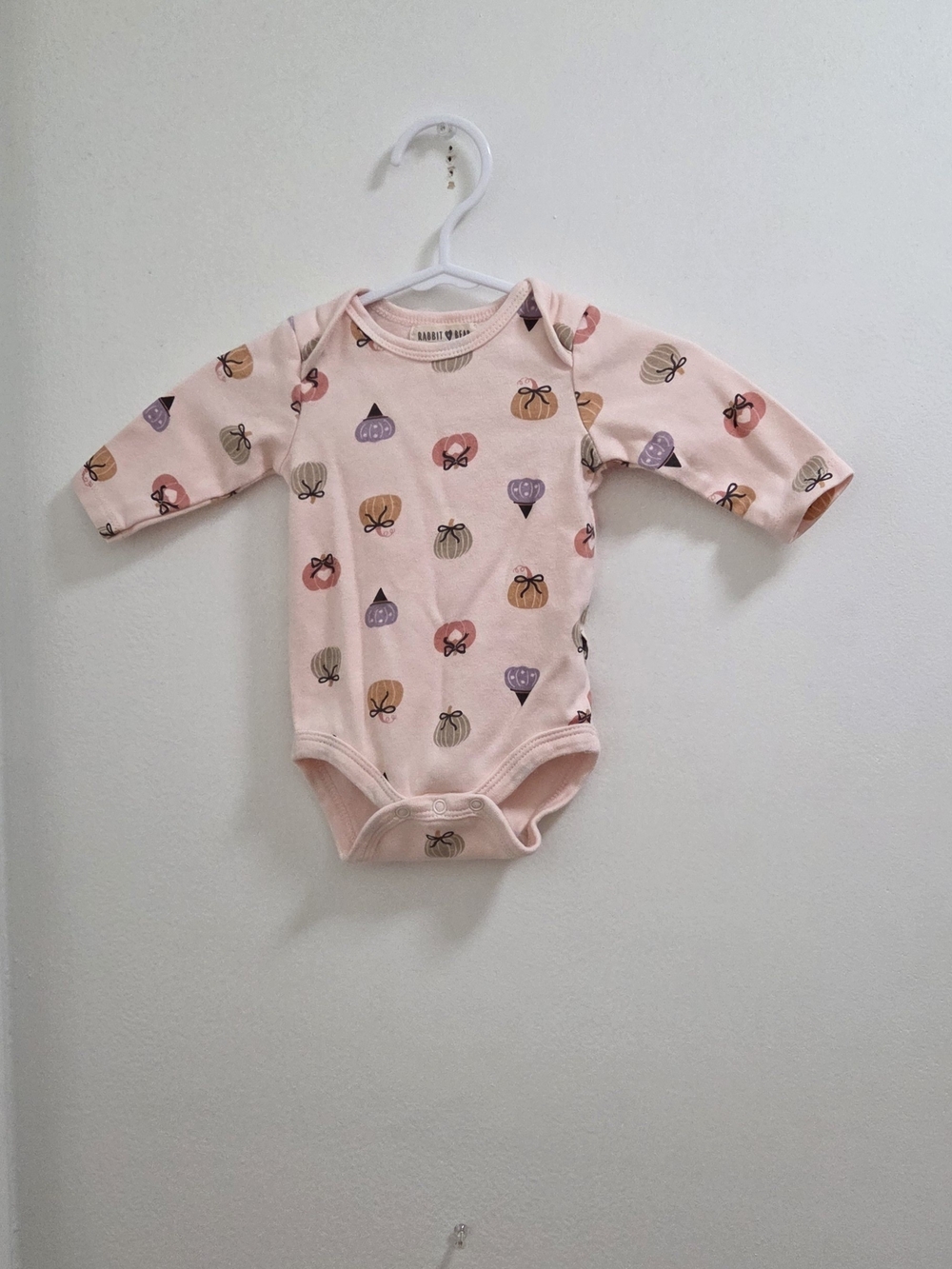 Rabbit + Bear Organic Pink Pumpkin Print Long-Sleeve One-Piece Bodysuit, 0-3 Mo